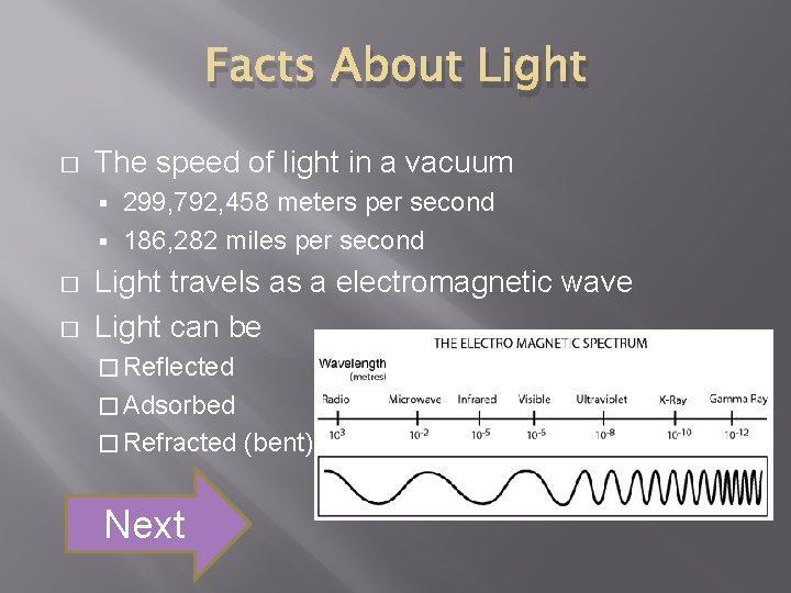 Facts About Light � The speed of light in a vacuum 299, 792, 458