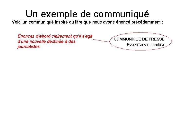 Un exemple de communiqué Voici un communiqué inspiré du titre que nous avons énoncé