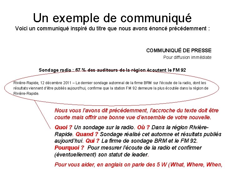 Un exemple de communiqué Voici un communiqué inspiré du titre que nous avons énoncé