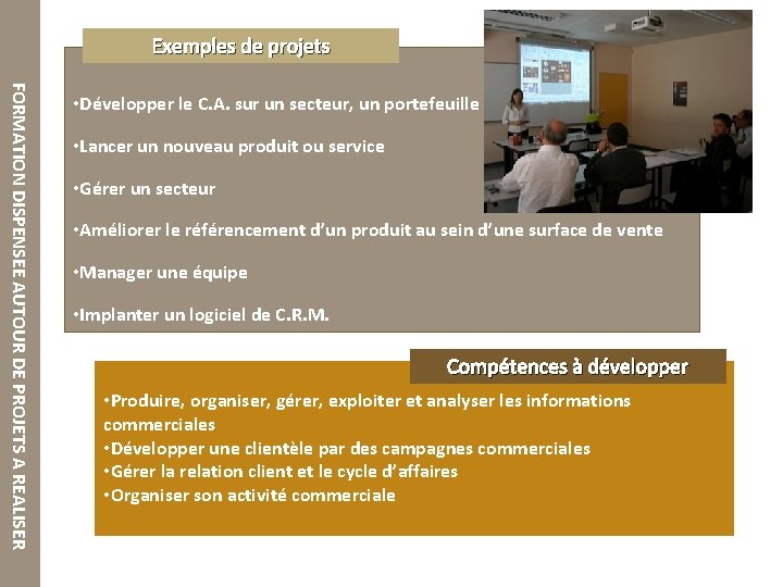 Exemples de projets FORMATION DISPENSEE AUTOUR DE PROJETS A REALISER • Développer le C.