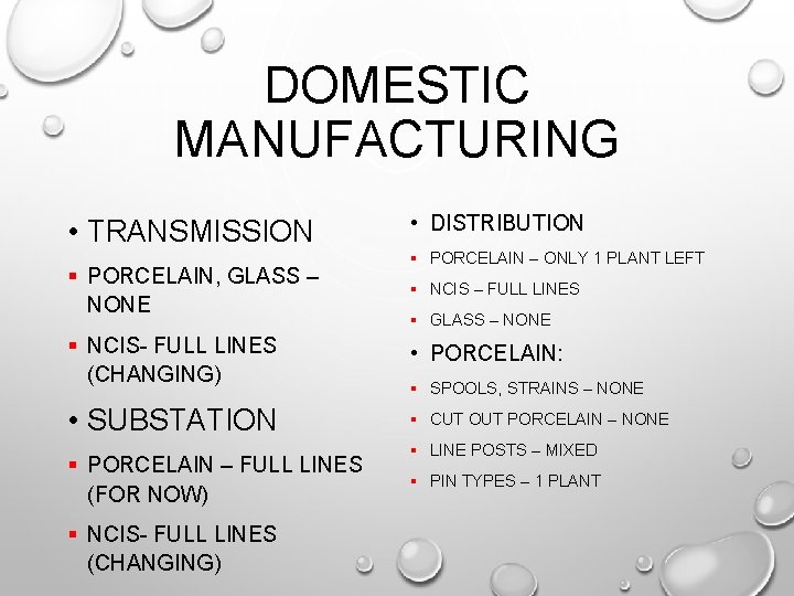 DOMESTIC MANUFACTURING • TRANSMISSION • DISTRIBUTION § PORCELAIN, GLASS – NONE § NCIS –