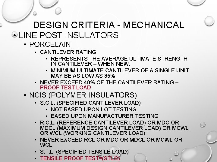 DESIGN CRITERIA - MECHANICAL • LINE POST INSULATORS • PORCELAIN • CANTILEVER RATING •