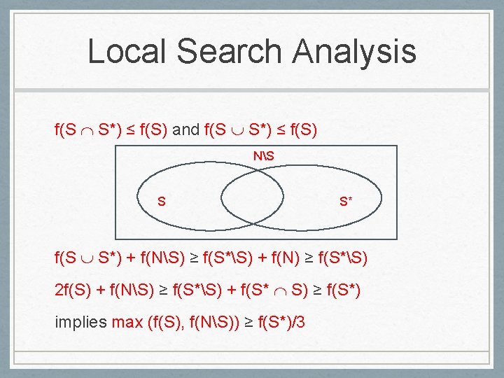 Local Search Analysis f(S S*) ≤ f(S) and f(S S*) ≤ f(S) NS S