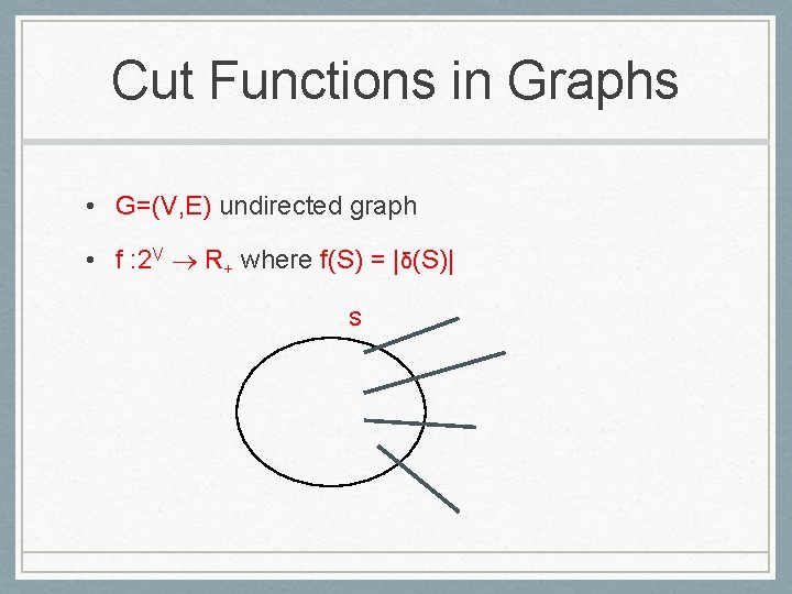 Cut Functions in Graphs • G=(V, E) undirected graph • f : 2 V