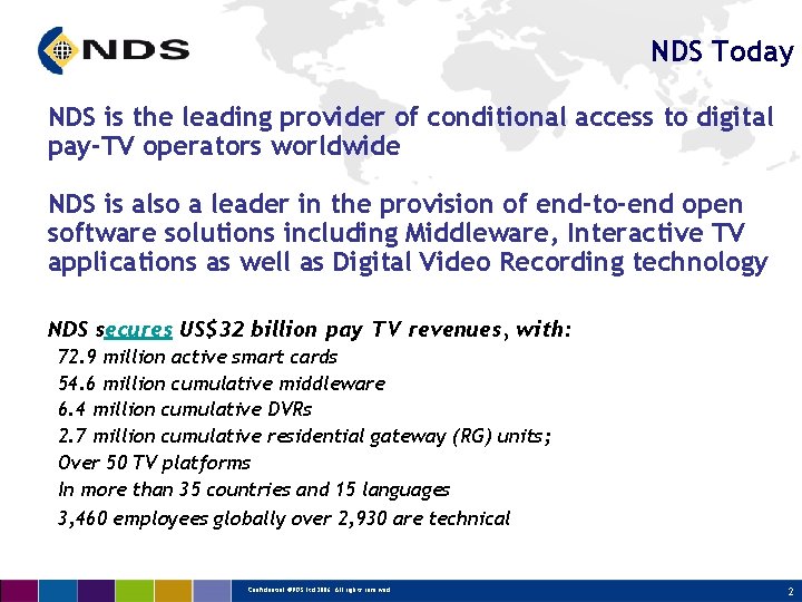 NDS Today NDS is the leading provider of conditional access to digital pay-TV operators