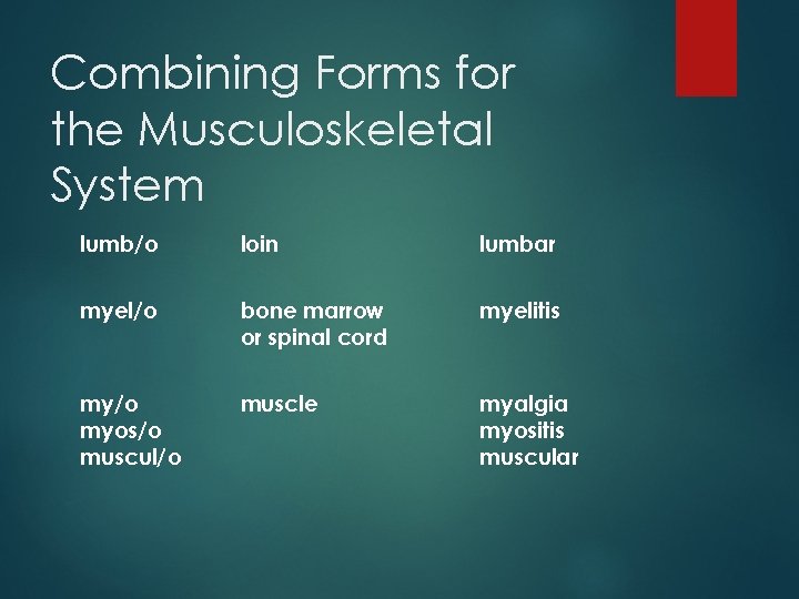 Combining Forms for the Musculoskeletal System lumb/o loin lumbar myel/o bone marrow or spinal