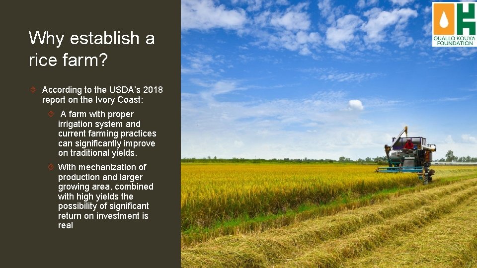 Why establish a rice farm? According to the USDA’s 2018 report on the Ivory