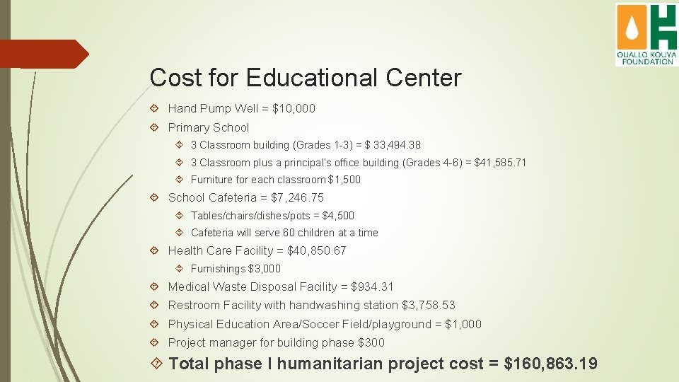 Cost for Educational Center Hand Pump Well = $10, 000 Primary School 3 Classroom