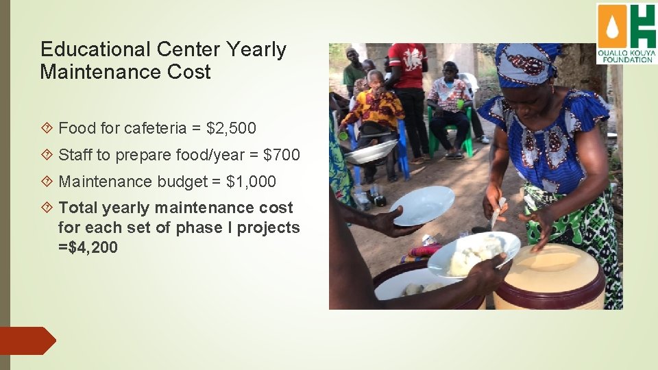 Educational Center Yearly Maintenance Cost Food for cafeteria = $2, 500 Staff to prepare