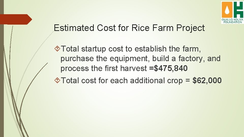 Estimated Cost for Rice Farm Project Total startup cost to establish the farm, purchase