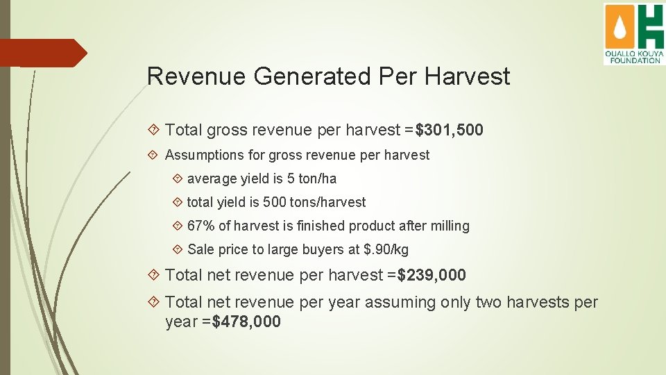 Revenue Generated Per Harvest Total gross revenue per harvest =$301, 500 Assumptions for gross