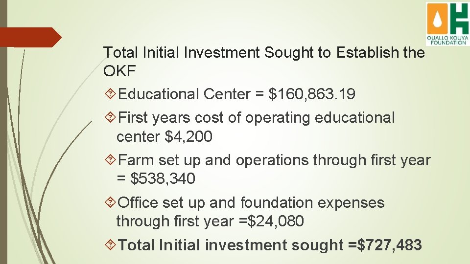 Total Initial Investment Sought to Establish the OKF Educational Center = $160, 863. 19