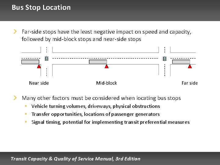 Bus Stop Location Far-side stops have the least negative impact on speed and capacity,