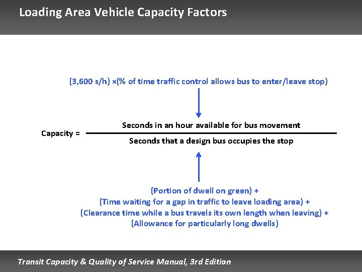 Loading Area Vehicle Capacity Factors (3, 600 s/h) ×(% of time traffic control allows