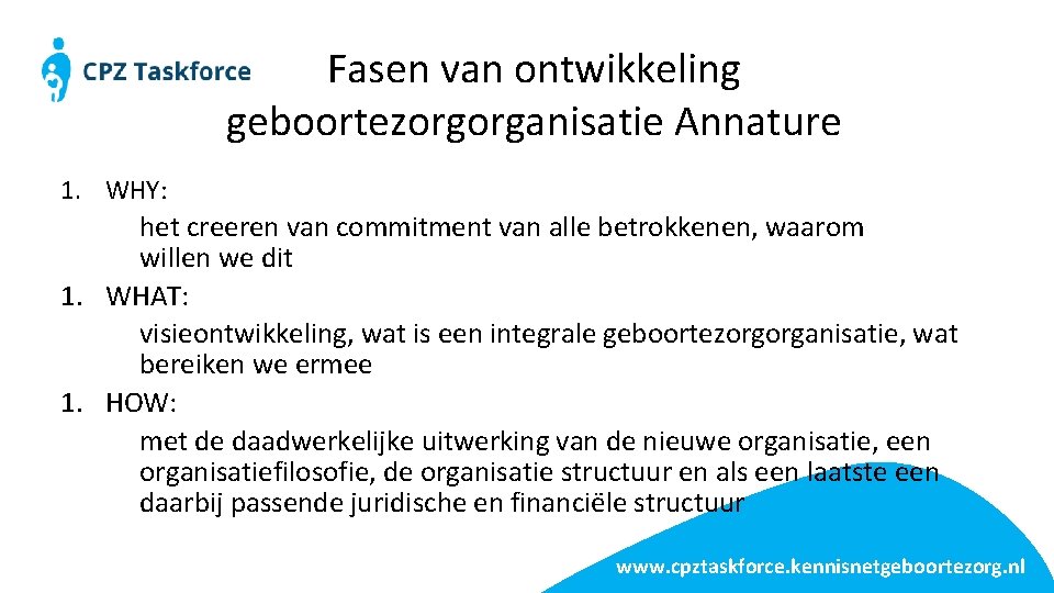 Fasen van ontwikkeling geboortezorgorganisatie Annature 1. WHY: het creeren van commitment van alle betrokkenen,