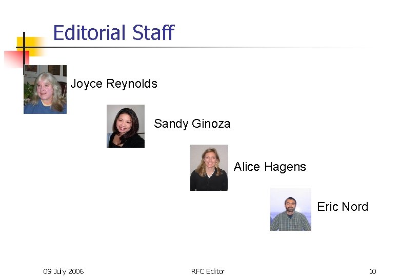 Editorial Staff Joyce Reynolds Sandy Ginoza Alice Hagens Eric Nord 09 July 2006 RFC