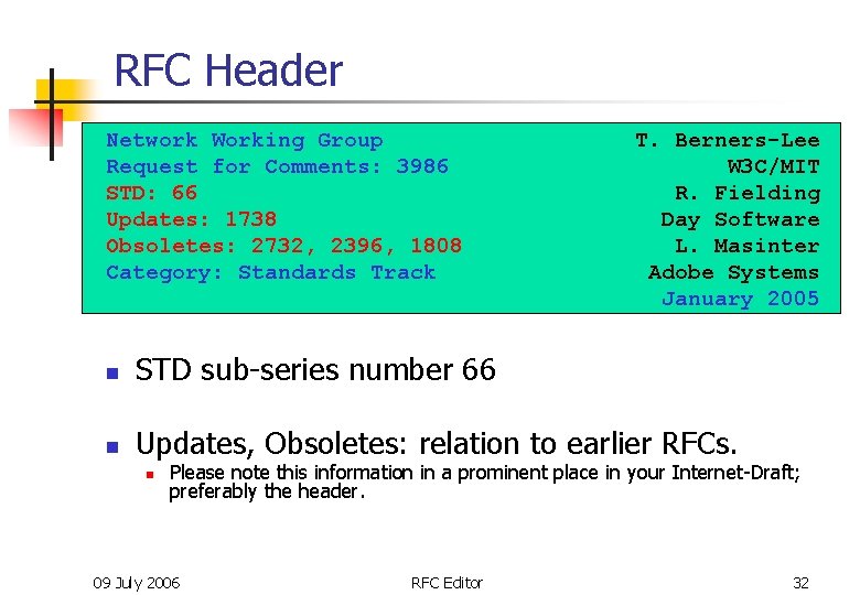 RFC Header Network Working Group Request for Comments: 3986 STD: 66 Updates: 1738 Obsoletes: