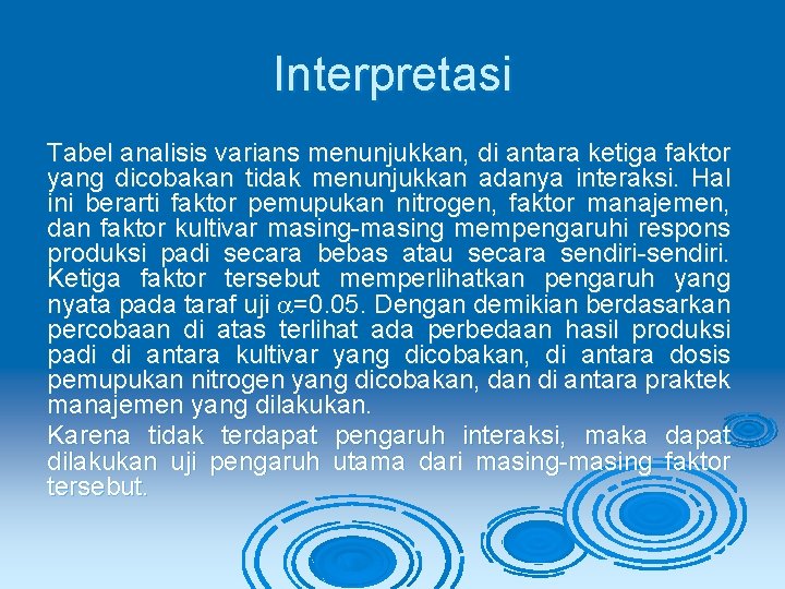 Interpretasi Tabel analisis varians menunjukkan, di antara ketiga faktor yang dicobakan tidak menunjukkan adanya