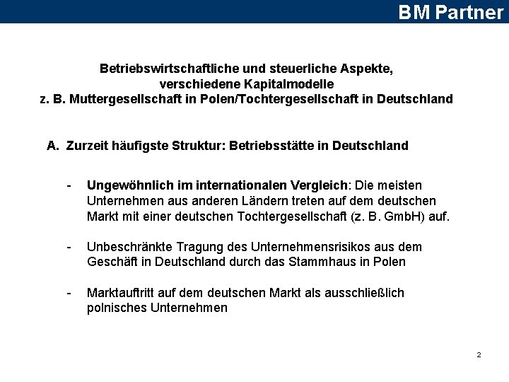 BM Partner Betriebswirtschaftliche und steuerliche Aspekte, verschiedene Kapitalmodelle z. B. Muttergesellschaft in Polen/Tochtergesellschaft in