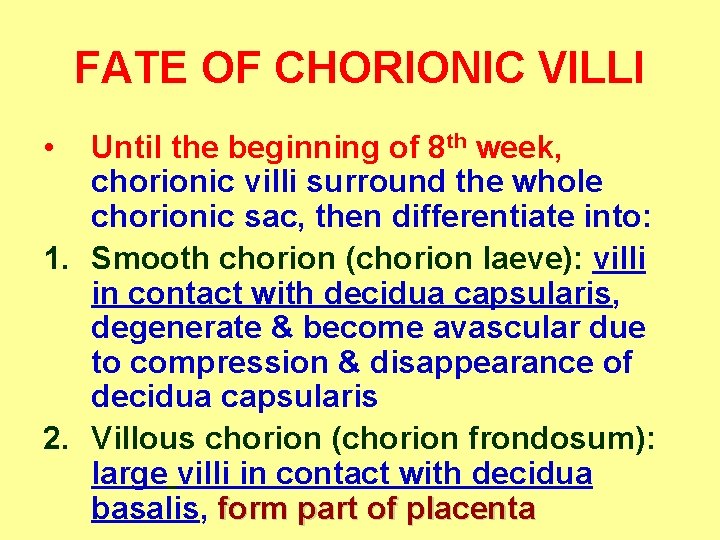 FATE OF CHORIONIC VILLI • Until the beginning of 8 th week, chorionic villi