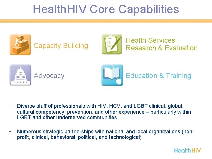 Health. HIV Core Capabilities Capacity Building Advocacy Health Services Research & Evaluation Education &
