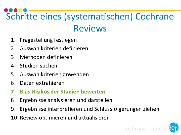 Schritte eines (systematischen) Cochrane Reviews 1. Fragestellung festlegen 2. Auswahlkriterien definieren 3. Methoden definieren