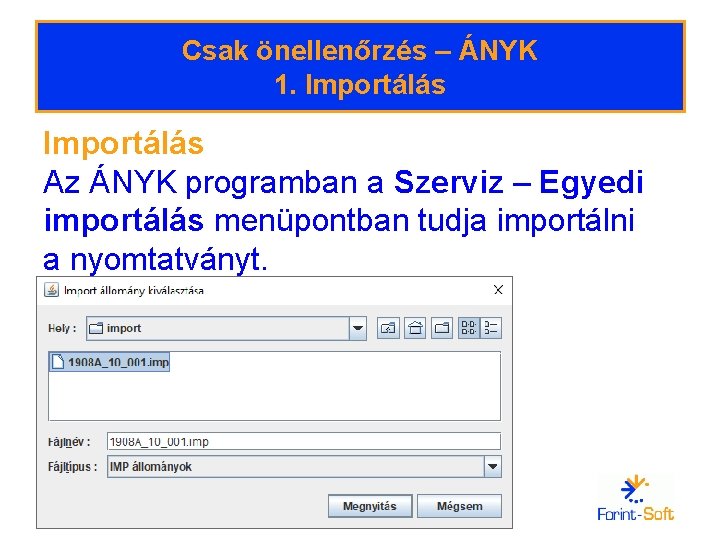 Csak önellenőrzés – ÁNYK 1. Importálás Az ÁNYK programban a Szerviz – Egyedi importálás