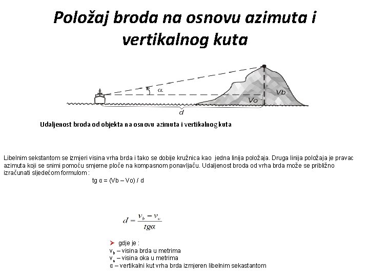 Položaj broda na osnovu azimuta i vertikalnog kuta Udaljenost broda od objekta na osnovu