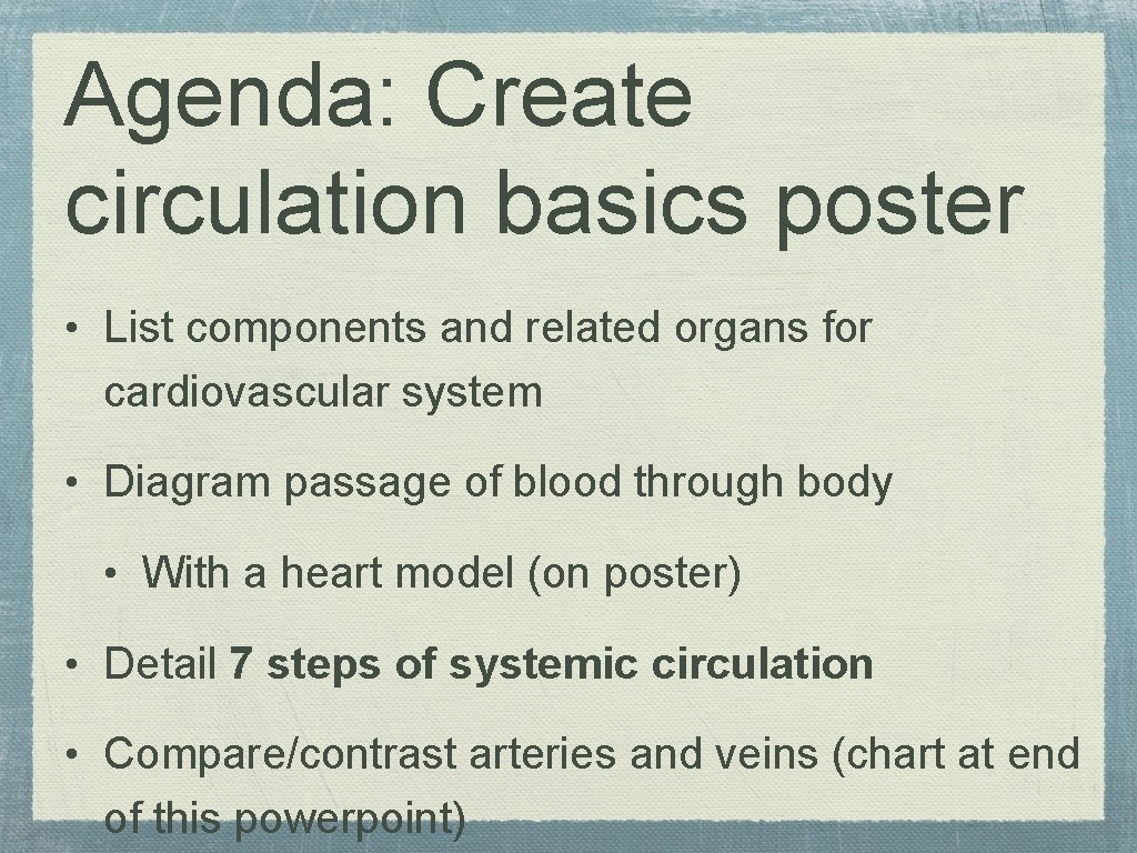 Agenda: Create circulation basics poster • List components and related organs for cardiovascular system