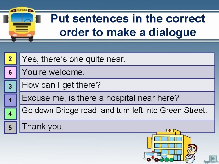 Put sentences in the correct order to make a dialogue 2 Yes, there’s one