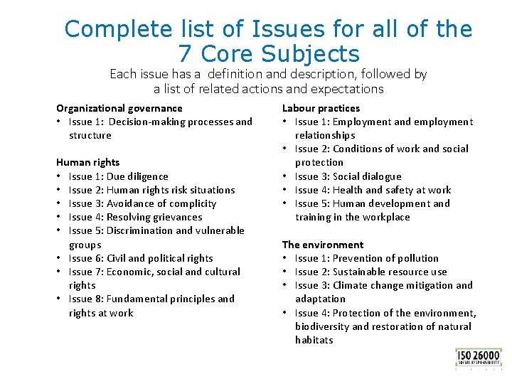 Complete list of Issues for all of the 7 Core Subjects Each issue has