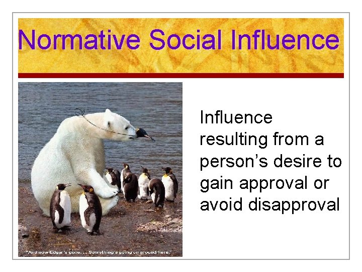 Normative Social Influence resulting from a person’s desire to gain approval or avoid disapproval