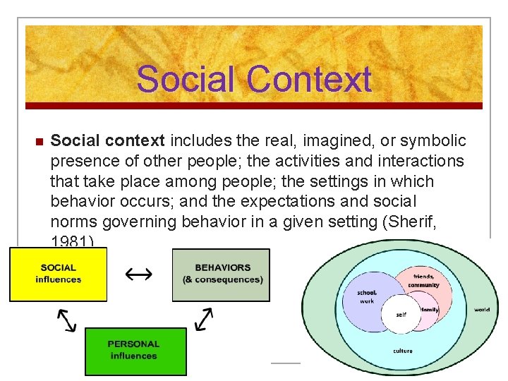 Social Context n Social context includes the real, imagined, or symbolic presence of other