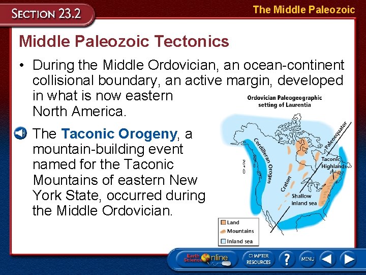 The Middle Paleozoic Tectonics • During the Middle Ordovician, an ocean-continent collisional boundary, an