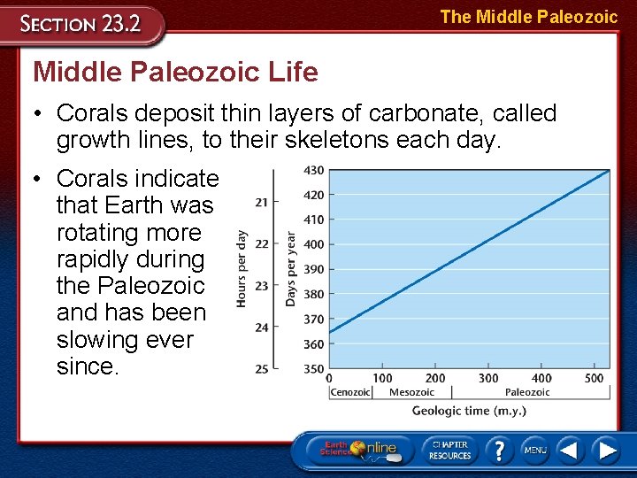 The Middle Paleozoic Life • Corals deposit thin layers of carbonate, called growth lines,