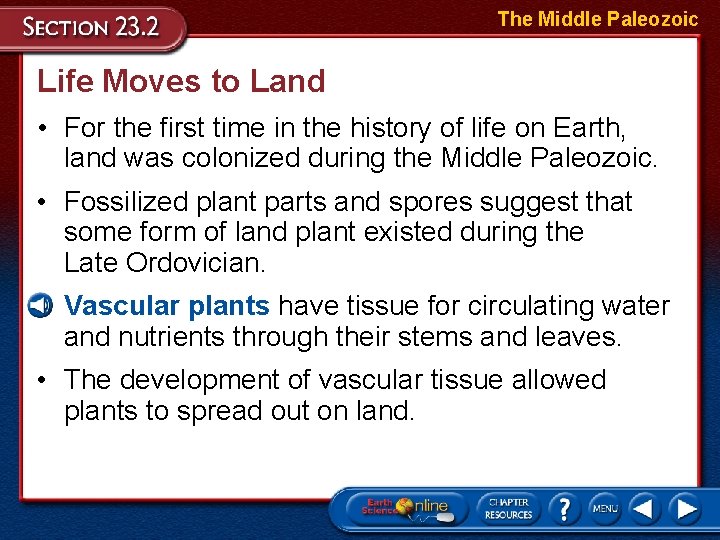 The Middle Paleozoic Life Moves to Land • For the first time in the