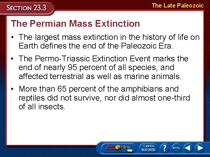 The Late Paleozoic The Permian Mass Extinction • The largest mass extinction in the