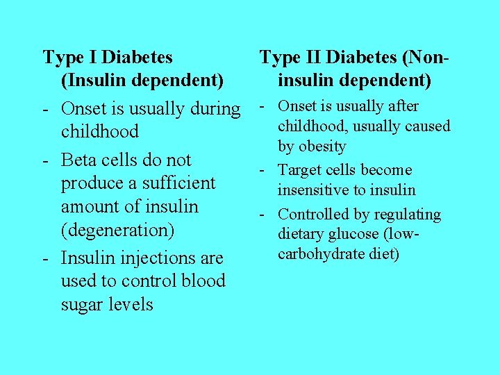 Type I Diabetes (Insulin dependent) - Onset is usually during childhood - Beta cells