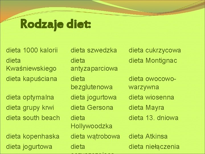 Rodzaje diet: dieta 1000 kalorii dieta Kwaśniewskiego dieta kapuściana dieta szwedzka dieta antyzaparciowa dieta