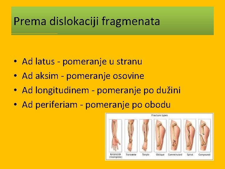 Prema dislokaciji fragmenata • • Ad latus - pomeranje u stranu Ad aksim -