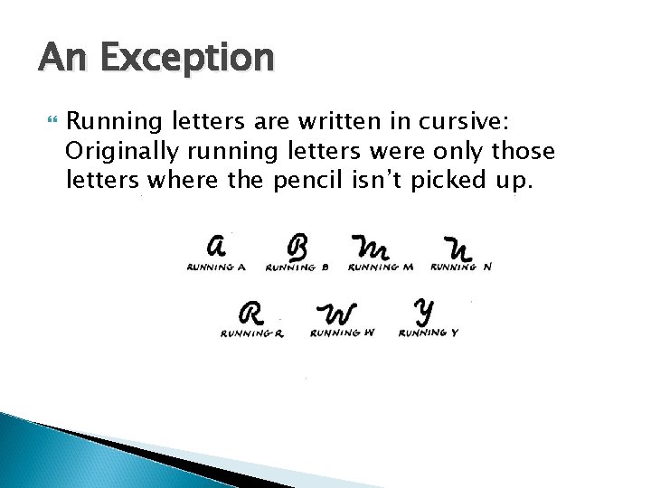 An Exception Running letters are written in cursive: Originally running letters were only those