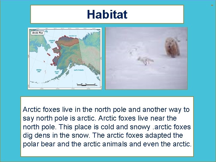 Habitat Map showing where your animal lives Picture showing your animal in its habitat.