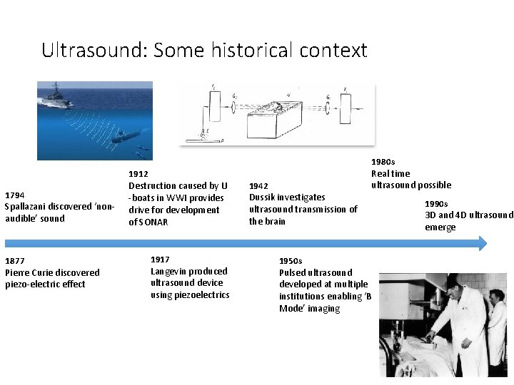 Ultrasound: Some historical context 1794 Spallazani discovered ‘nonaudible’ sound 1877 Pierre Curie discovered piezo-electric
