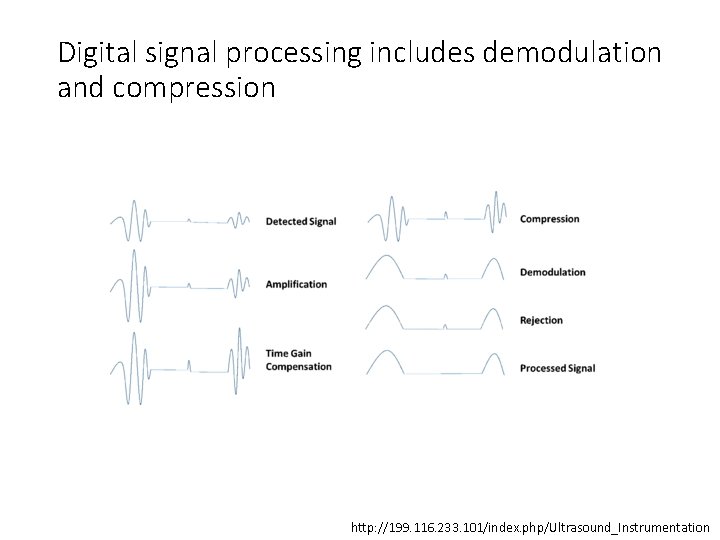 Digital signal processing includes demodulation and compression http: //199. 116. 233. 101/index. php/Ultrasound_Instrumentation 