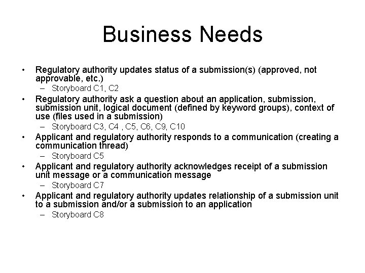 Business Needs • Regulatory authority updates status of a submission(s) (approved, not approvable, etc.