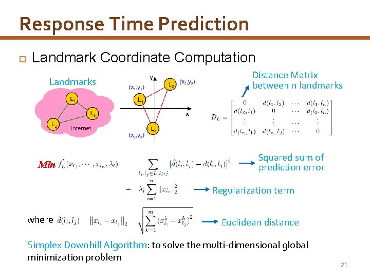 Response Time Prediction Landmark Coordinate Computation Landmarks Min Distance Matrix between n landmarks Squared