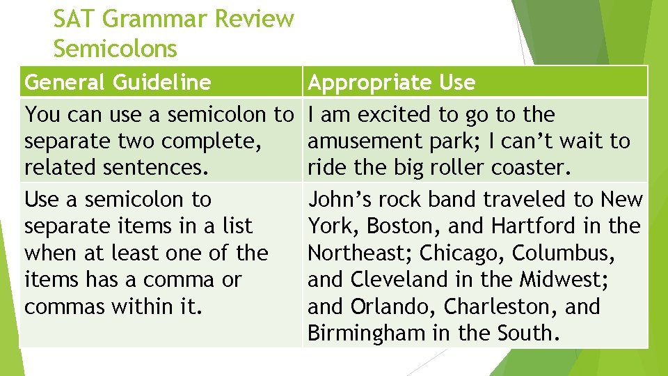 SAT Grammar Review Semicolons General Guideline You can use a semicolon to separate two