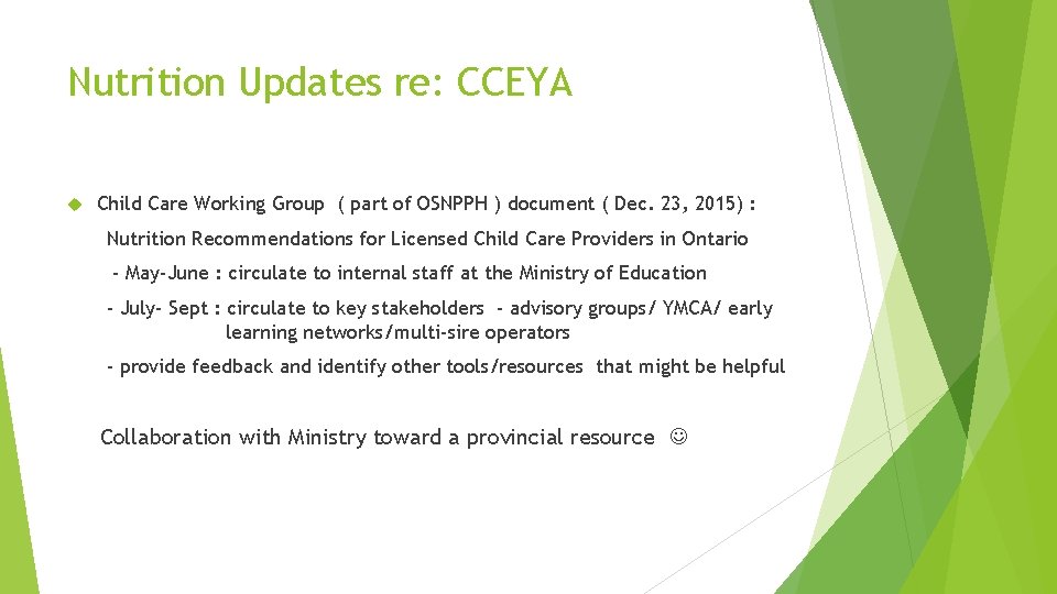 Nutrition Updates re: CCEYA Child Care Working Group ( part of OSNPPH ) document