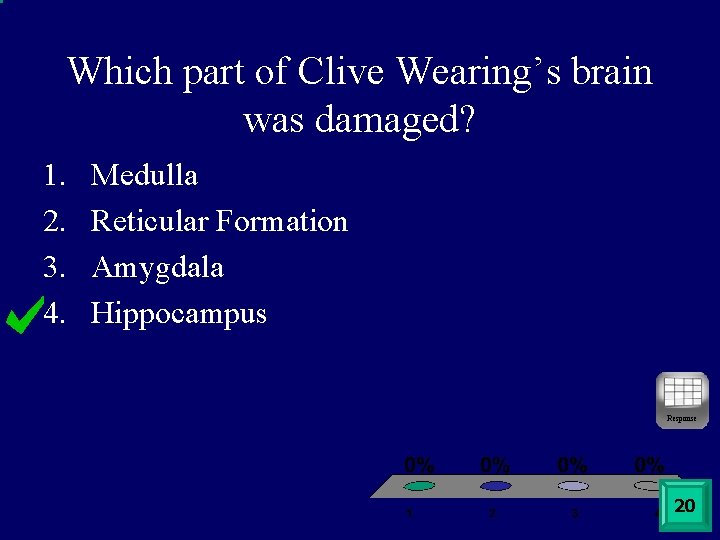 Which part of Clive Wearing’s brain was damaged? 1. 2. 3. 4. Medulla Reticular