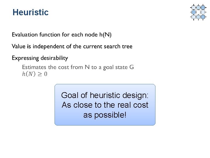 Heuristic Goal of heuristic design: As close to the real cost as possible! 